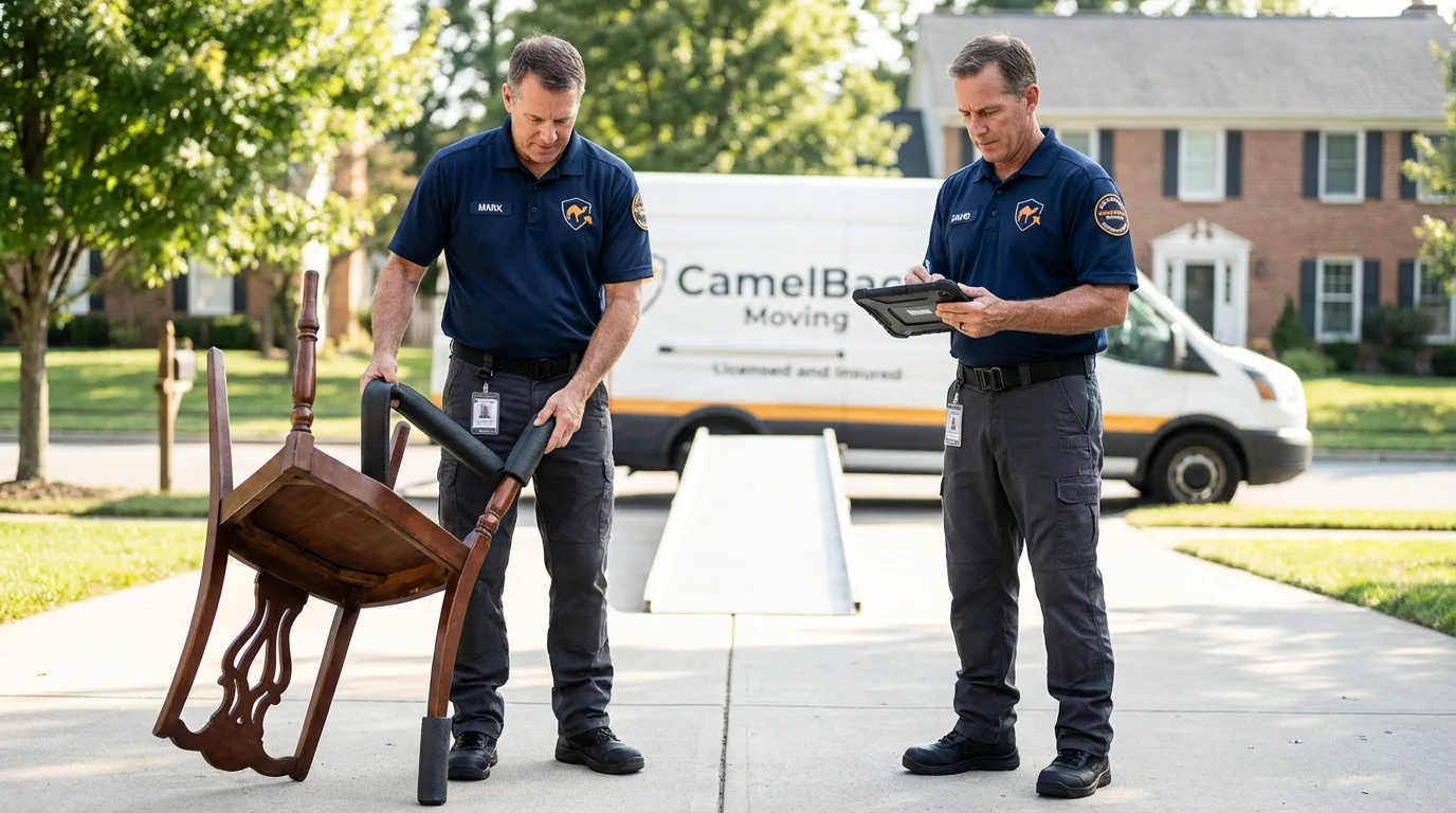 Movers inspecting furniture for damage prevention before loading in Hanceville, AL