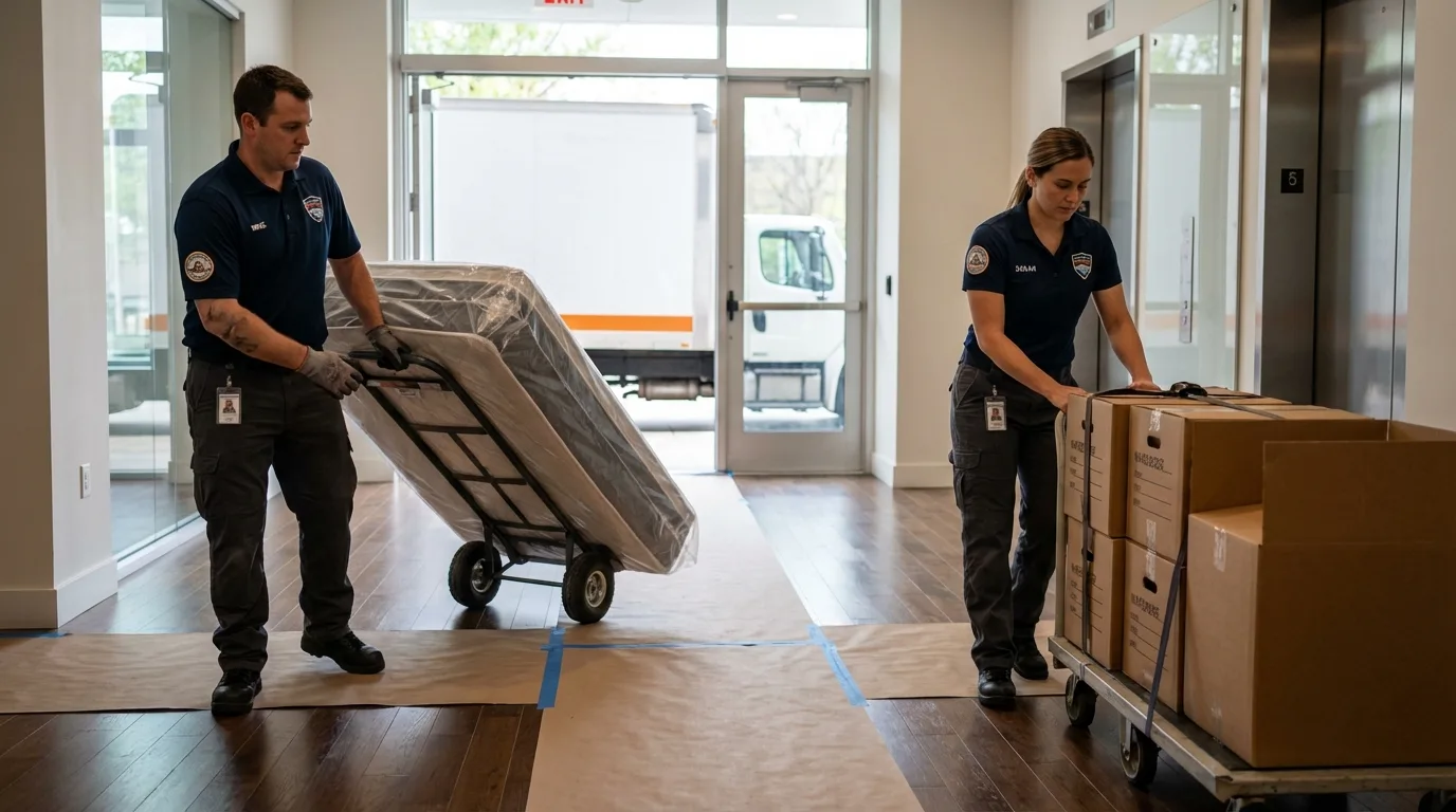 Professional apartment movers loading elevator in Hanceville, AL